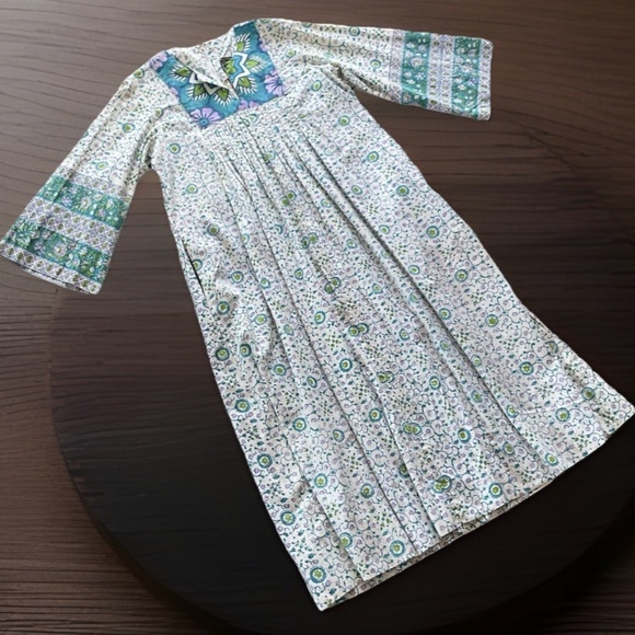 VTG RAMONA RULL Women's M White Blue Floral Cotton Kaftan Duster Dress w Pockets - Picture 10 of 12